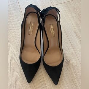 Aquazzura Black Suede Pointed-Toe Tie-Back Pumps